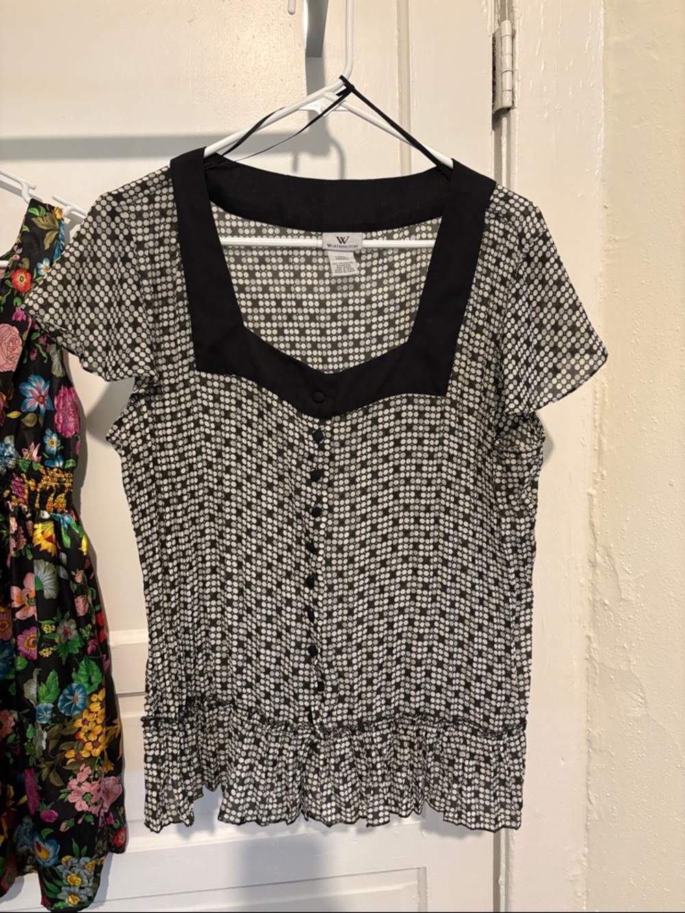 Worthington Black and White Dot Square-Neck Button Blouse